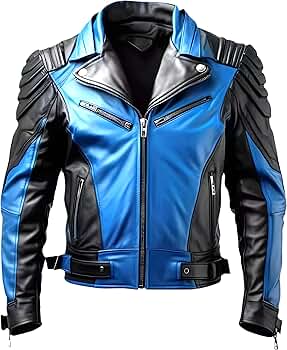 Biker Jacket, Real Leather, Blue and Black, Zipper Front (US